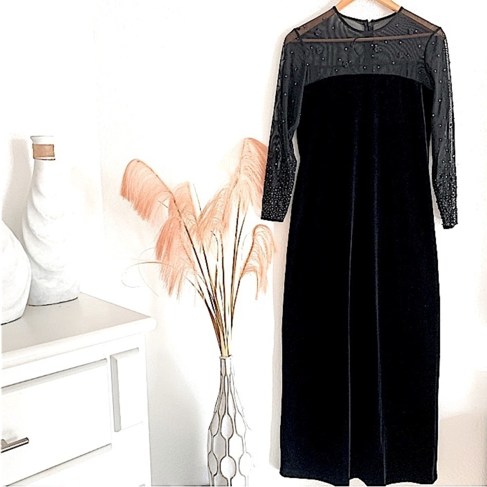 90s J.R. Nites Petites by Caliendo Black Sheer Sleeves Velvet Maxi Dress Size 10